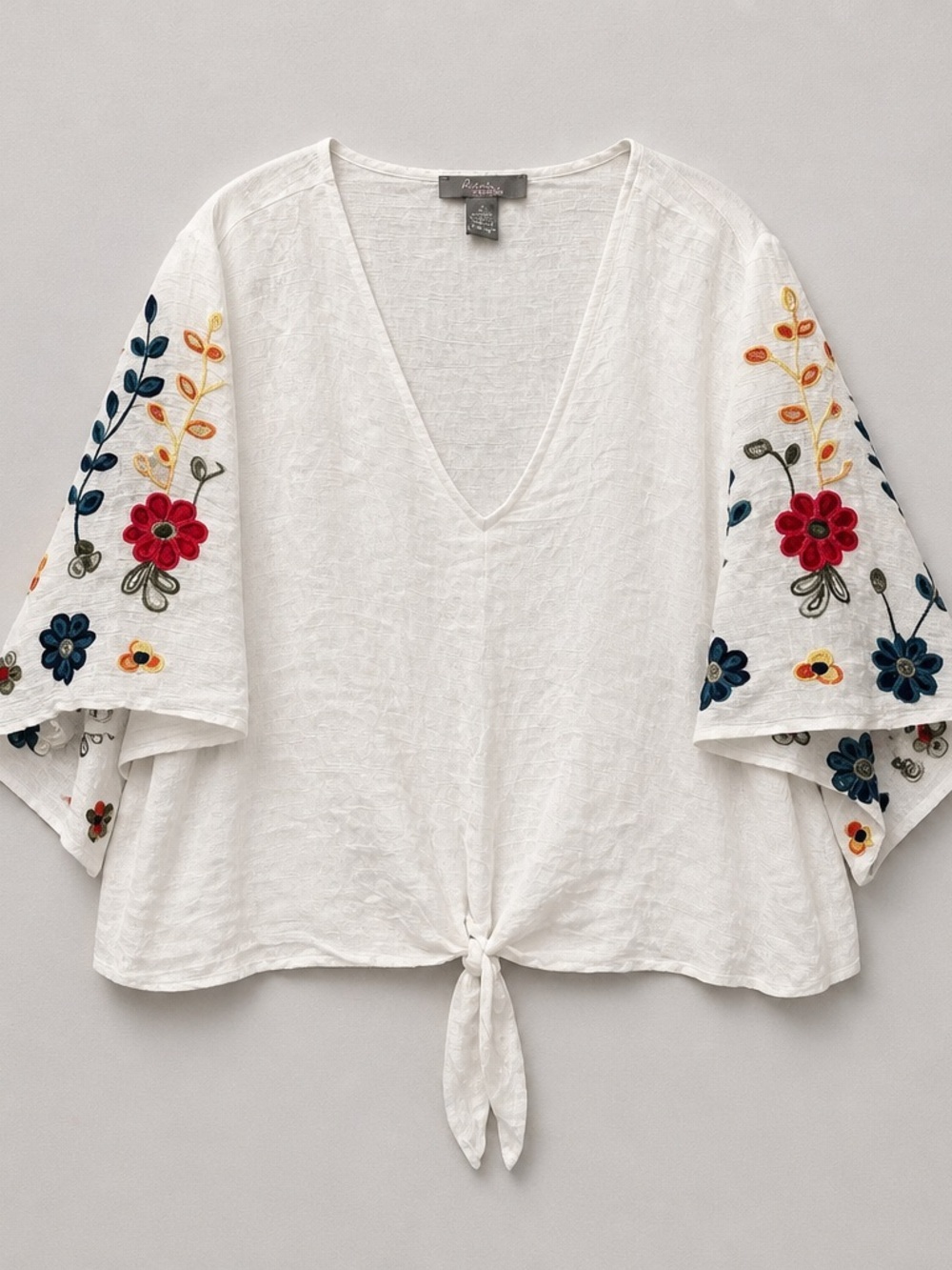 Olivia & Martin White V-Neck Tie-Front Top with Multicolor Floral Embroidery,